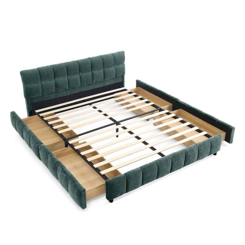 Queen Size Upholstered Bed with Tufted Headboard, Chenille Fabric Platform Bed with 4 Storage Drawers, Solid Wood Bed Frame