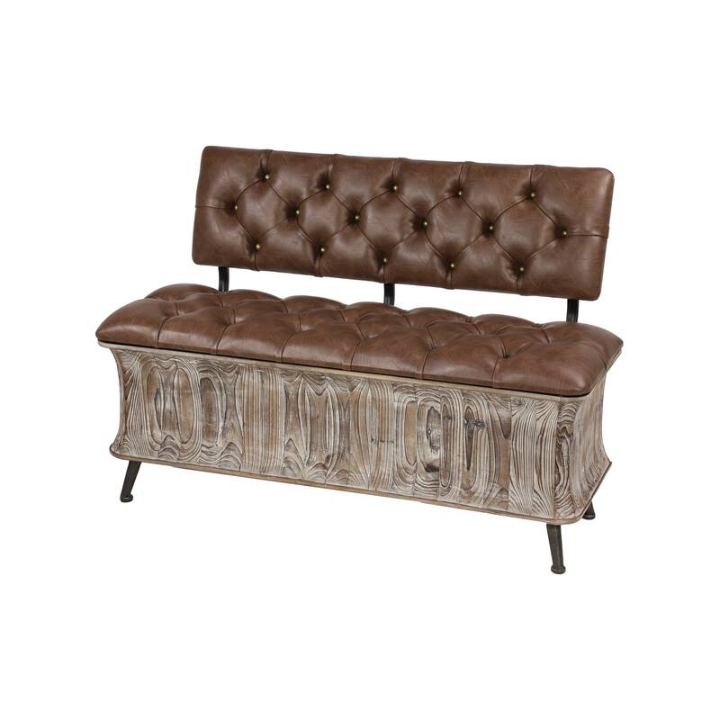Brown Wood Storage Bench with Tufted Faux Leather Seat and Back