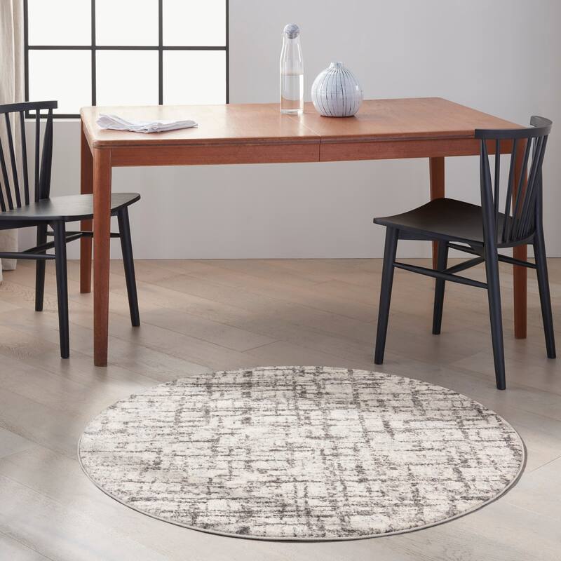 Calvin Klein Rush Glam Modern Abstract Geometric Area Rug - 4' Round - Ivory/Grey - Round