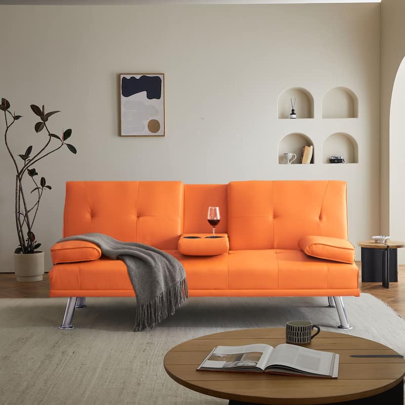 Classic PVC Leather Upholstered Convertible Futo Sofa Bed with Cup Holders - Orange