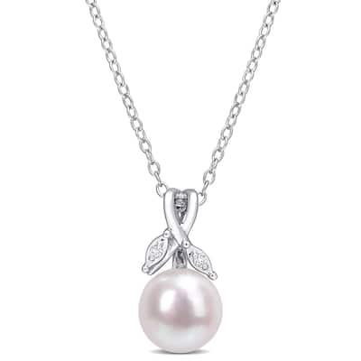 Miadora Sterling Silver Cultured Freshwater Pearl & Diamond Accent Leaf Drop Necklace (7.5-8mm)