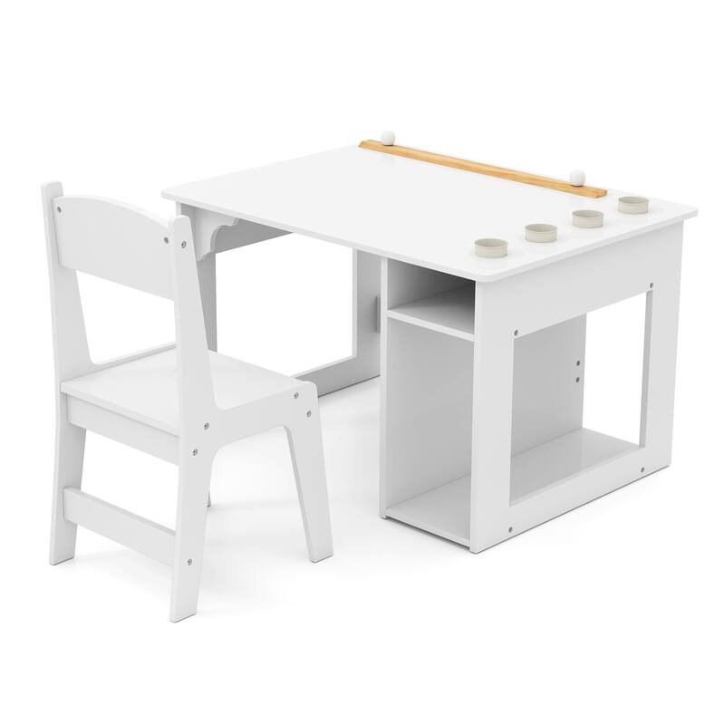 Gymax Kid's Art Table & Chair Set w/ Paper Roll 4 Paint Cups & 2