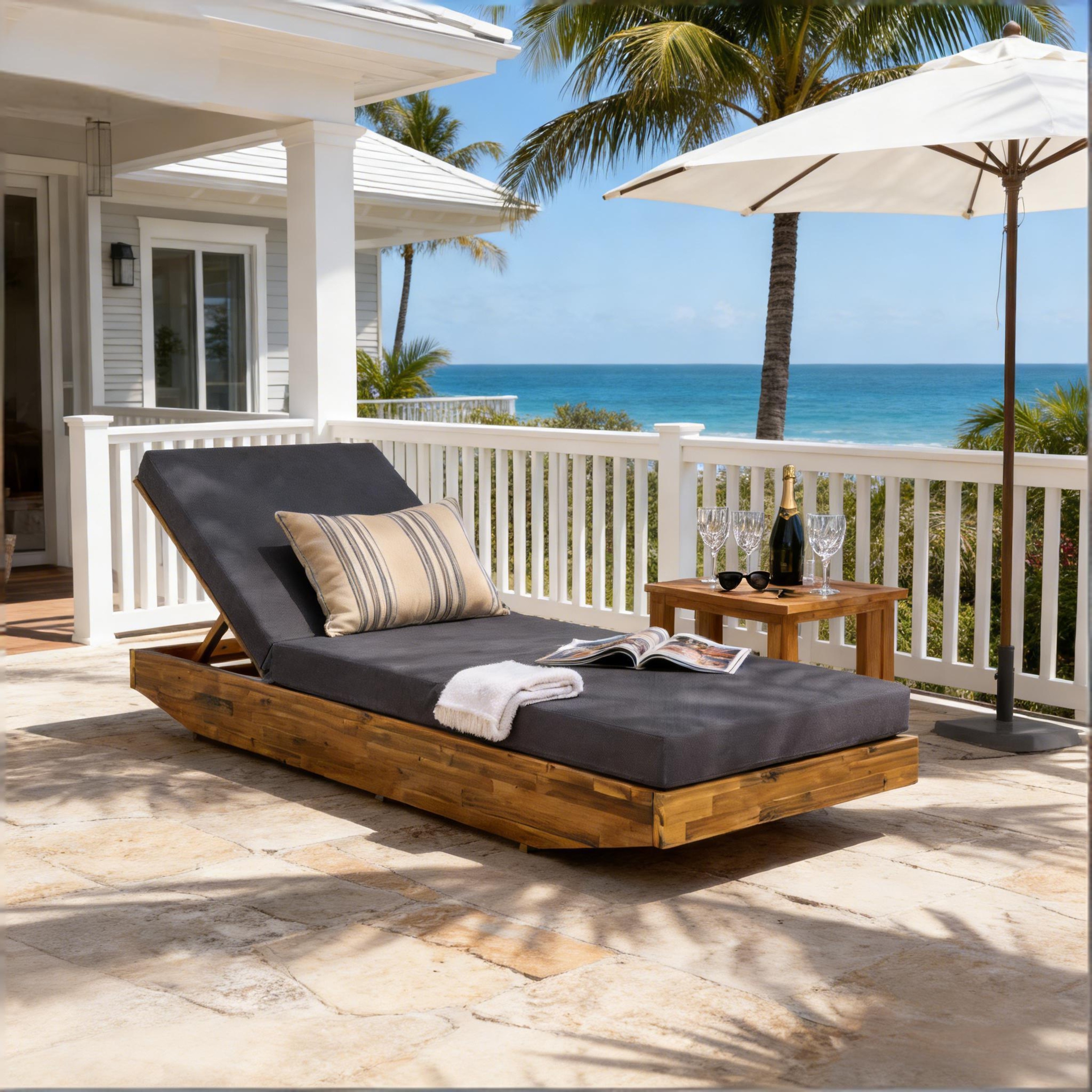 Christopher Knight Home - Outdoor Acacia Wood Chaise Lounge with Ergonomic 3-Fold Water-Repellent Cushion - 79.6"L