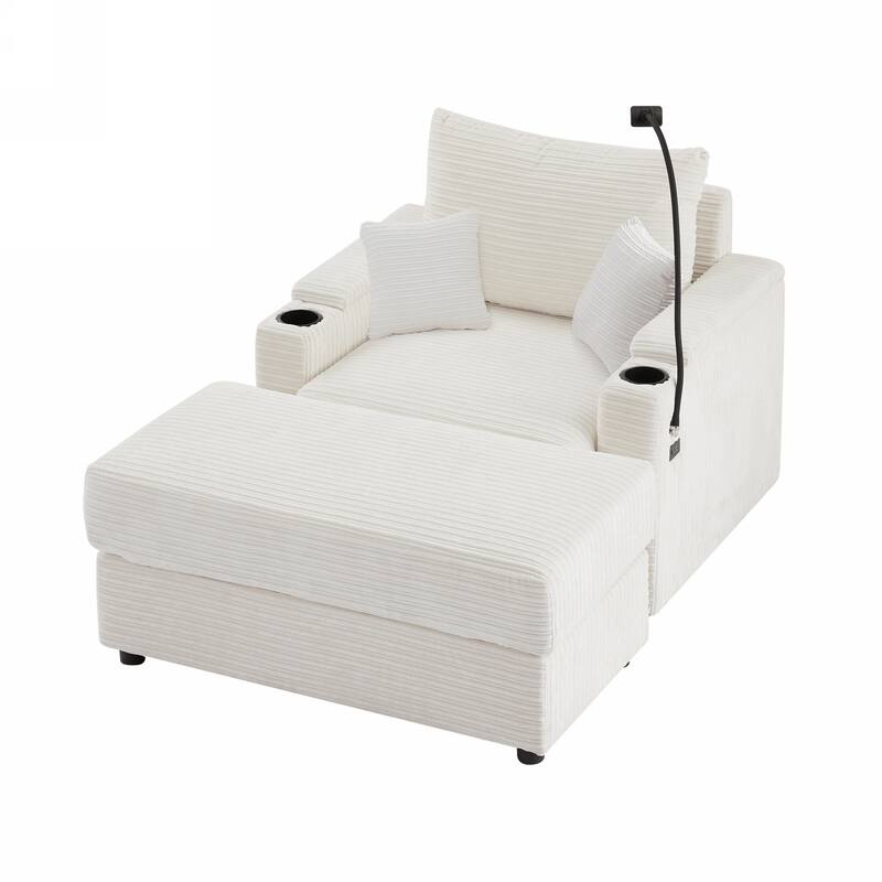 Modern Single Sofa with Movable Ottoman, Hidden Storage, USB Ports, Cup Holders and Phone Holder for Living Room