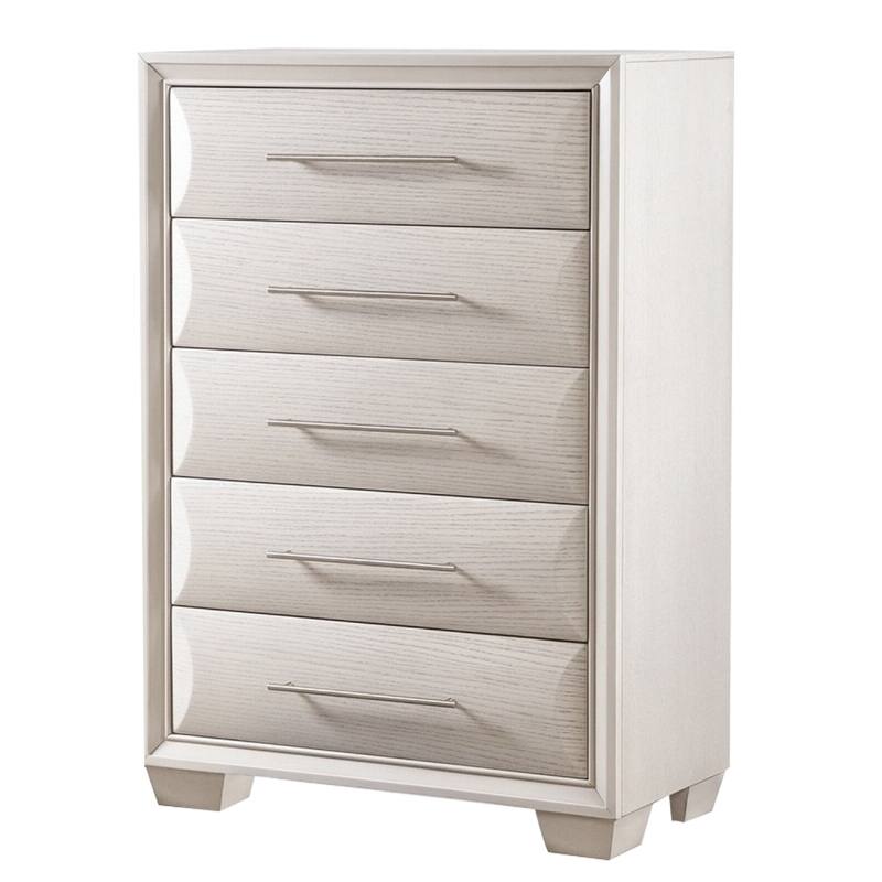 Nitz Tall Dresser Chest, 5 Drawers, White Solid Wood, Metal Handles
