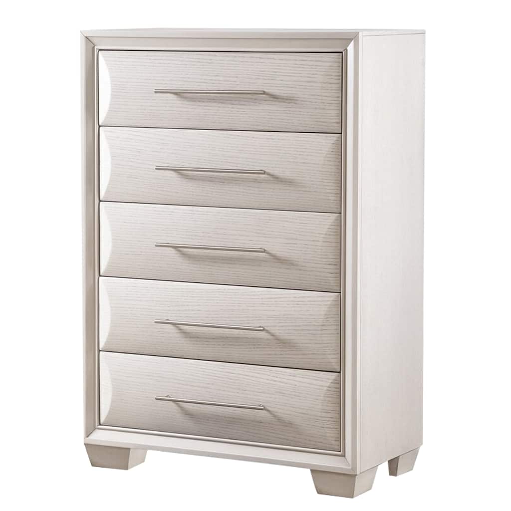 Nitz Tall Dresser Chest, 5 Drawers, White Solid Wood, Metal Handles