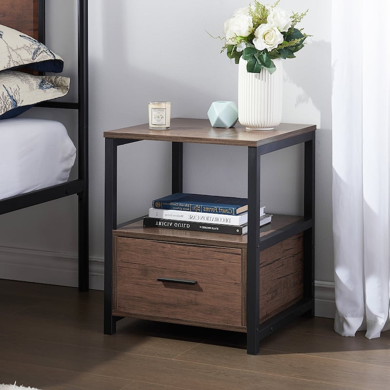 VECELO Modern 1- Drawer Nightstand with Storage Shelf Multifunctional Storage Nightstand for Living Room and Bedroom