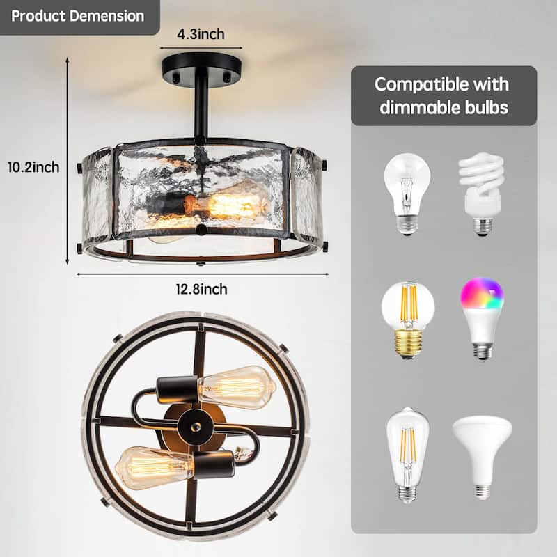 Starsky 2-Light 13in. Modern Caged Drum Semi Flush Mount with Textured Glass Shade