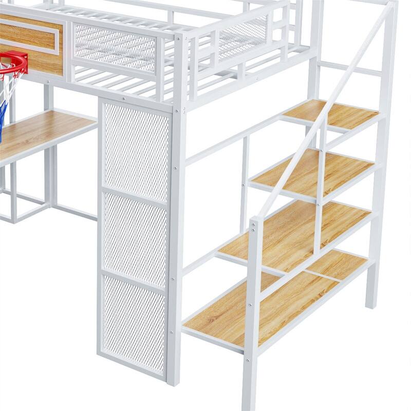 Metal Loft Bed with Bulit-in Desk, Slide and Open Wardrobe, Full Size Loft Bedframe with Storage Staircase and Basketball hoop