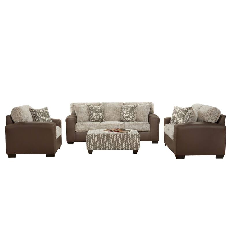 Roundhill Furniture Marvella 4-Piece Living Room Set, Chocolate Faux Leather Upholstery and Curly Shearling Cushions