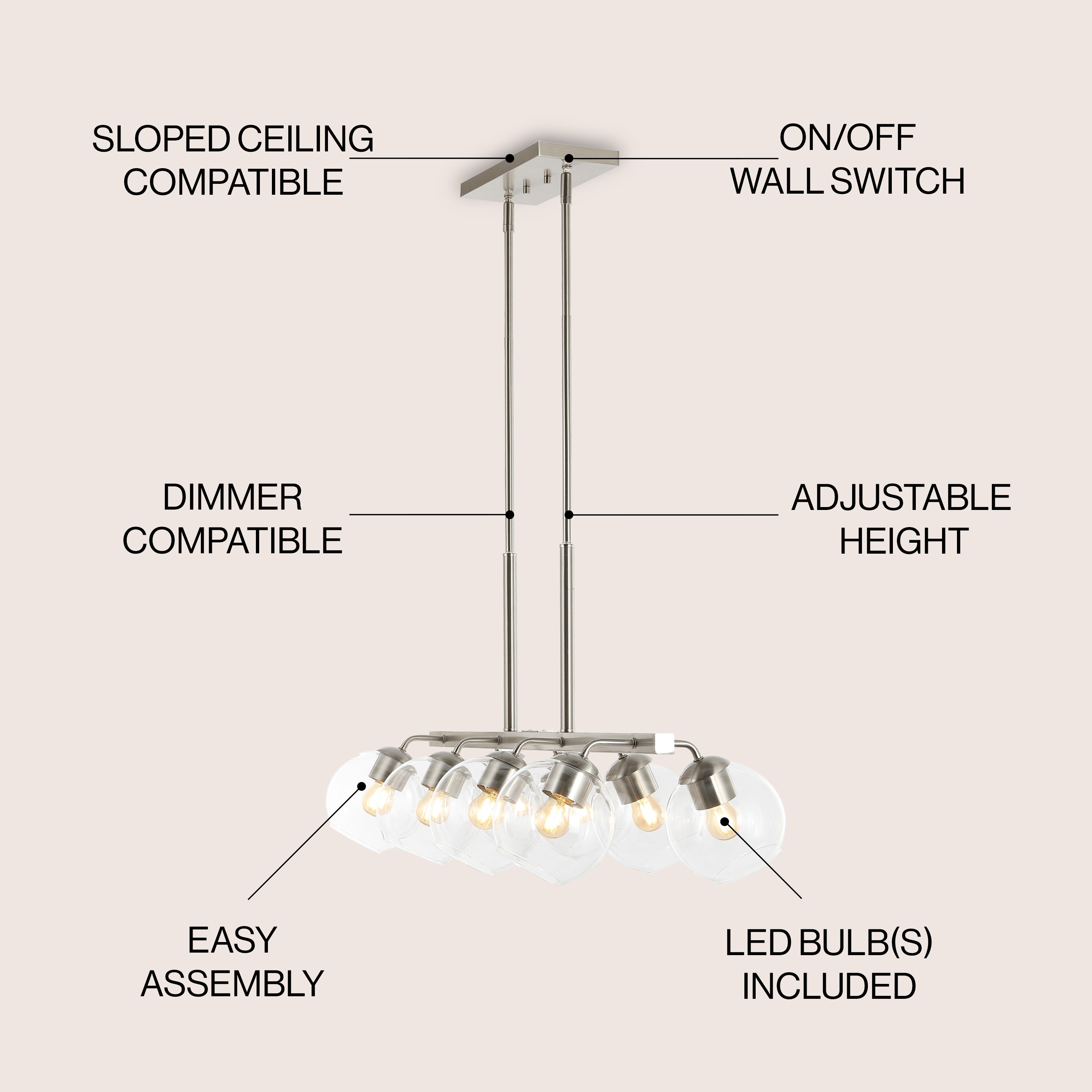 Jaxon 33.5 Inch 8-Light Farmhouse Bohemian Linear LED Chandelier in Iron and Glass  -image