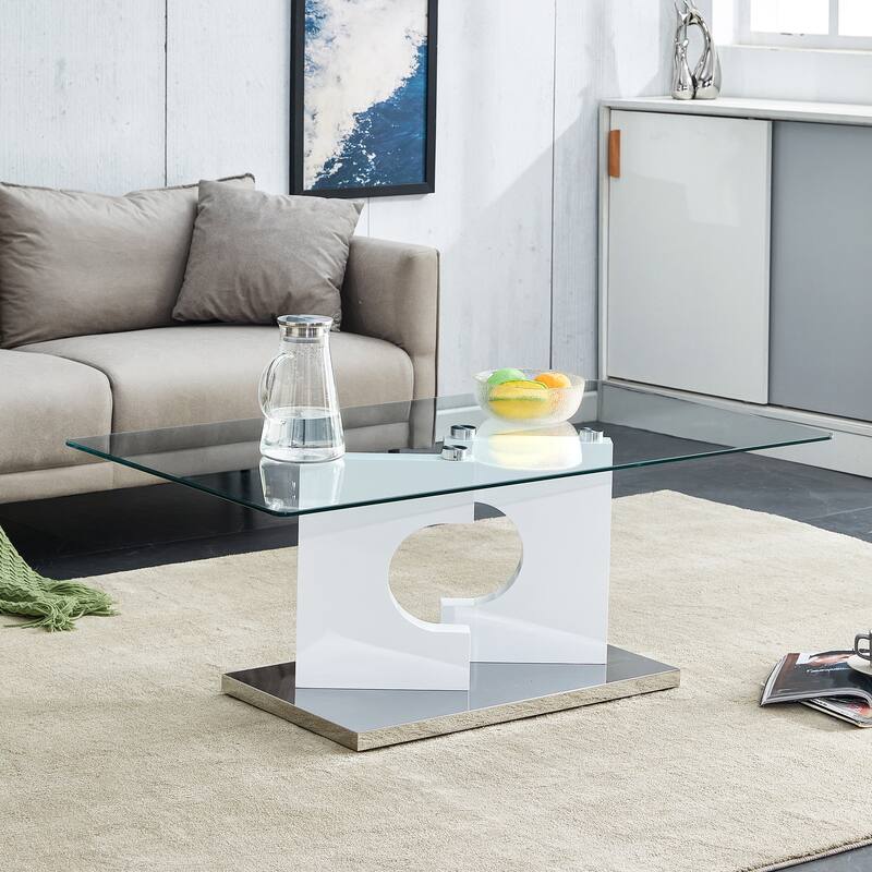 Roomfitters Rectangular Coffee Table with Glass Top and White MDF Legs, Stylish Modern Table for Living Room - White