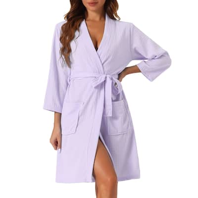 Womens Waffle Bathrobe Soft Kimono Spa & Bath Mid-Length Robes