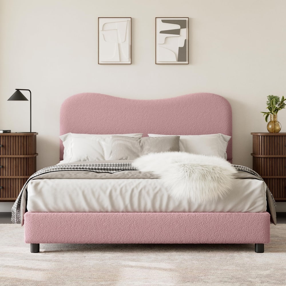 Low Profile Sturdy Platform Bed, with Velvet Upholstered Headboard, Strong Wooden Slats