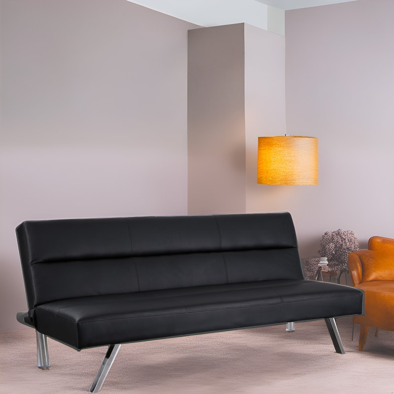 Modern Faux Leather Futon Sofa Bed - Convertible Folding Couch with Chrome Legs, Small Reclining Sofa