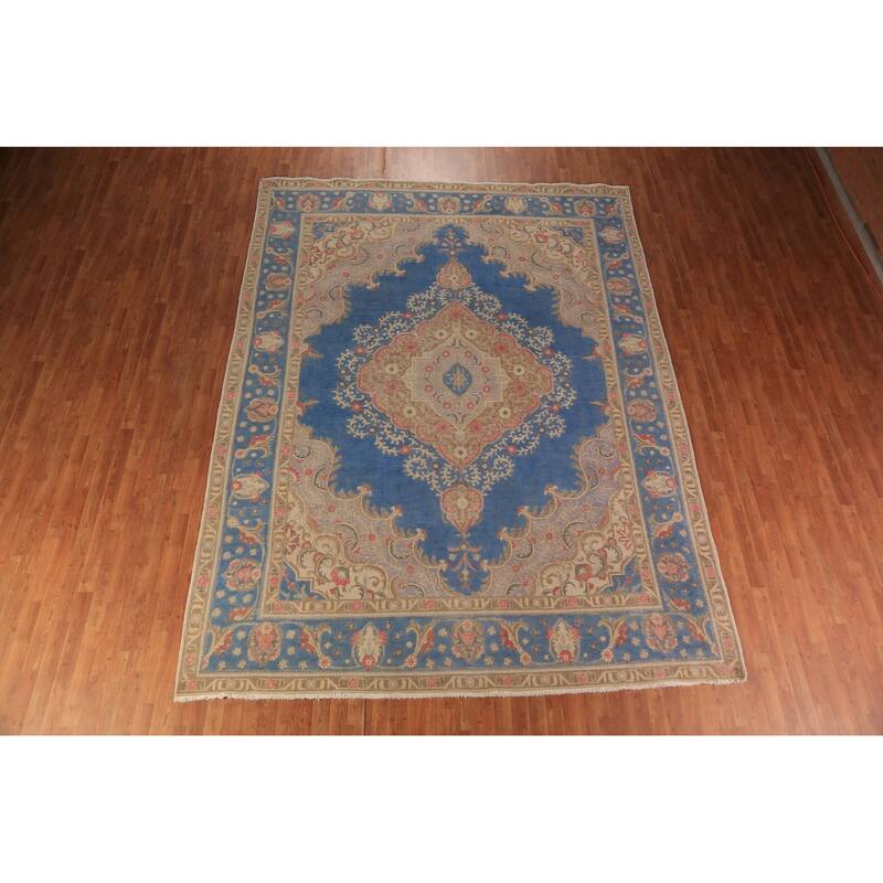 Blue Traditional Tabriz Persian Rug Hand-Knotted Wool Carpet - 9'4"x 12'7"