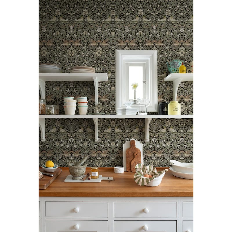 Bird Brown Floral Thicket Wallpaper