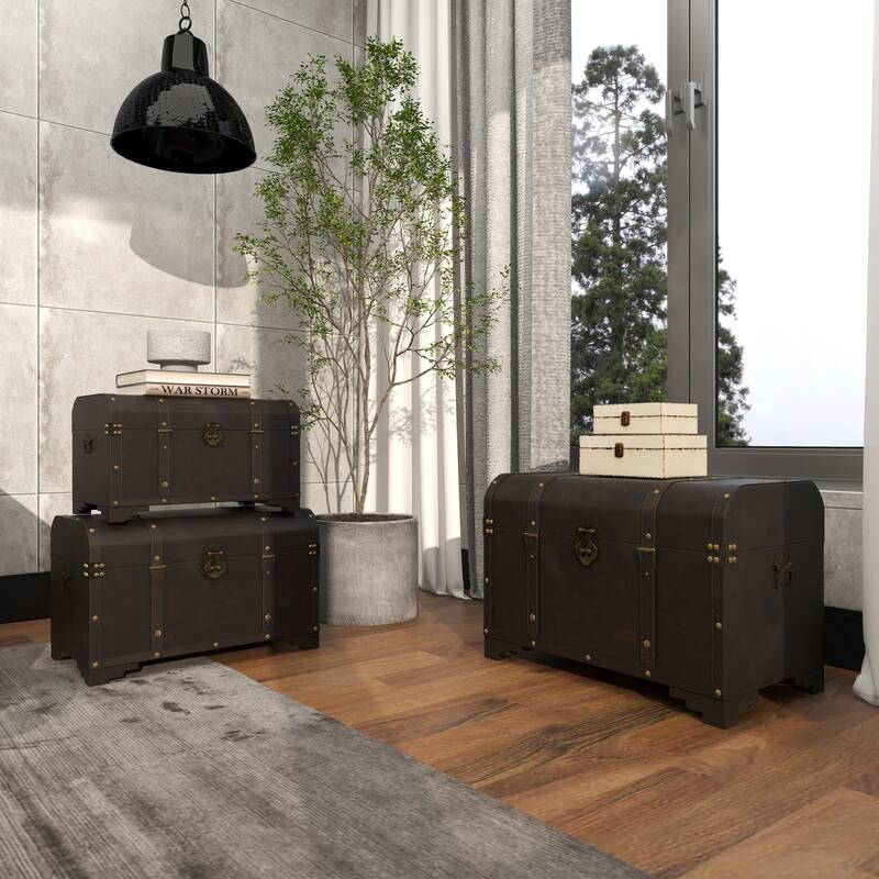 Brown Wooden Nesting Upholstered Decorative Trunk with Vintage Accents and Studs (Set of 3)