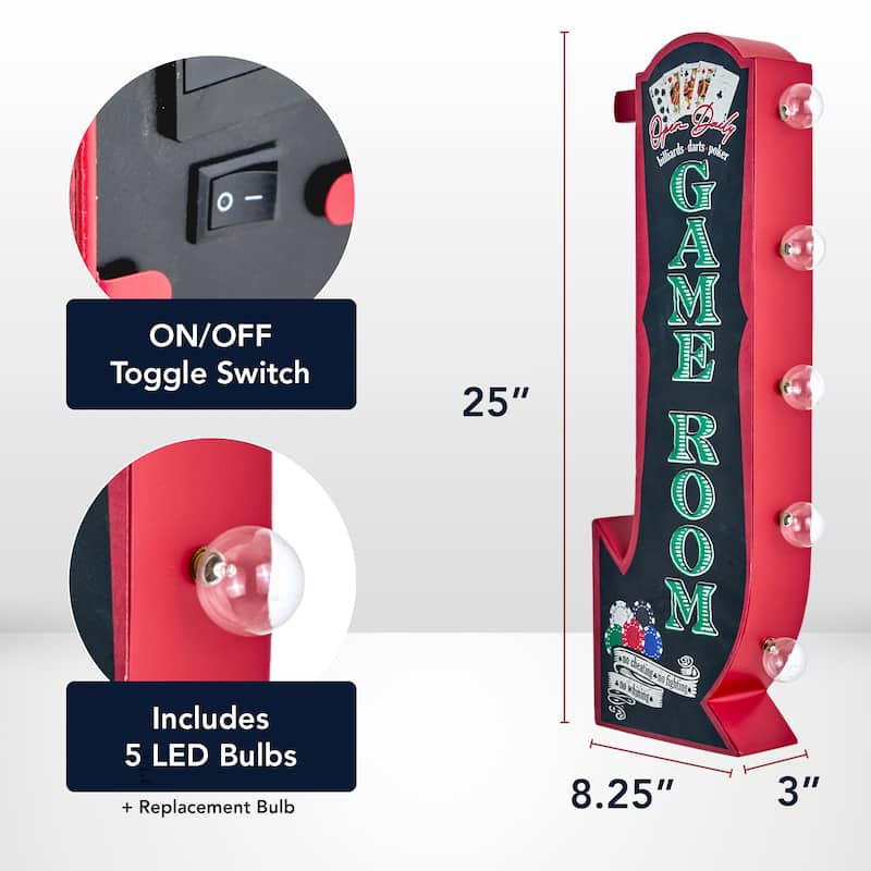 Vintage Game Room Off the Wall LED Marquee Sign - 25" H x 8.25" L - Black, Green, Red - 25" H x 8.25" L x 3" D