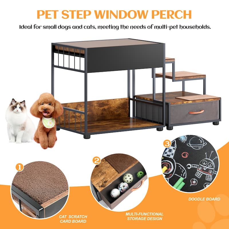 Pet Step Window Perch, Bedside Lounge Elevated Dog Bed Multi-Level Platform with sponge,Non-Slip Pad and Storage