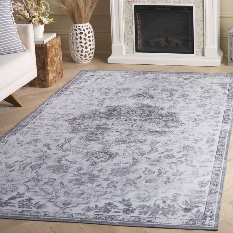SAFAVIEH Tucson Machine Washable Slip Resistant Harmanda Oriental Medallion - 6' x 6' Square - Light Grey/Grey - Square