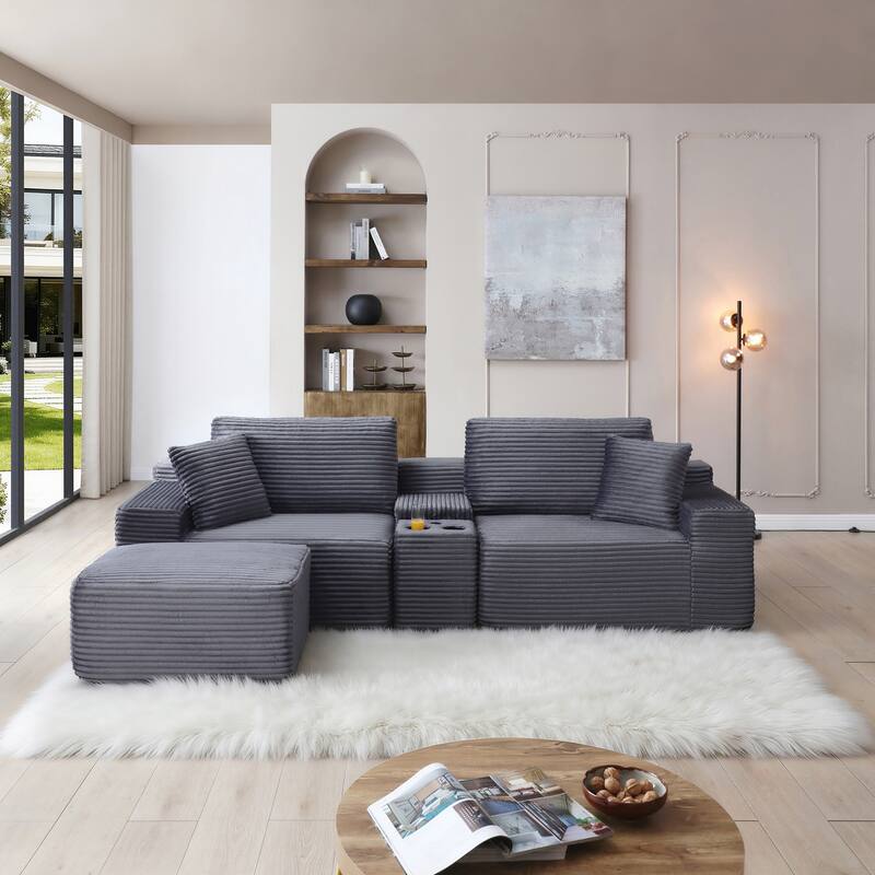 Modular Sectional Sofa, Deep Seat Corduroy Cloud Couch with Cup Holders, USB Ports & Storage Box