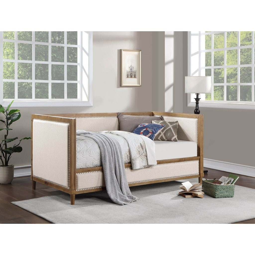 Beige Fabric Upholstered 1pc Day Bed Light Oak Bed Frame Nailhead Trim Bedroom Furniture Mattress Ready Twin Day Bed