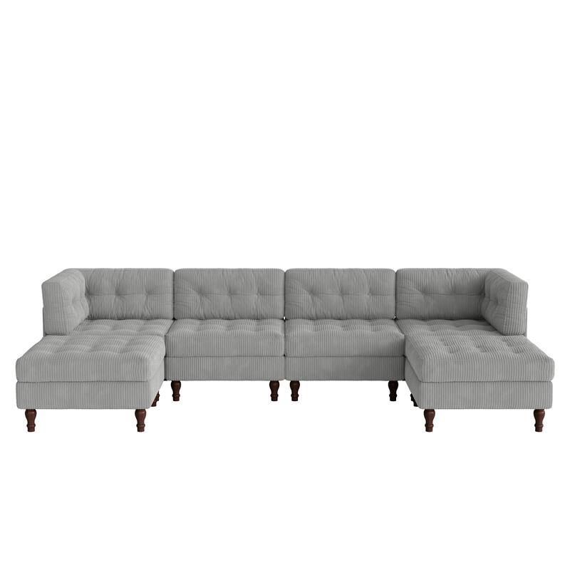 130"W Corduroy Upholstered Modular Sectional Sofa with Storage Ottoman