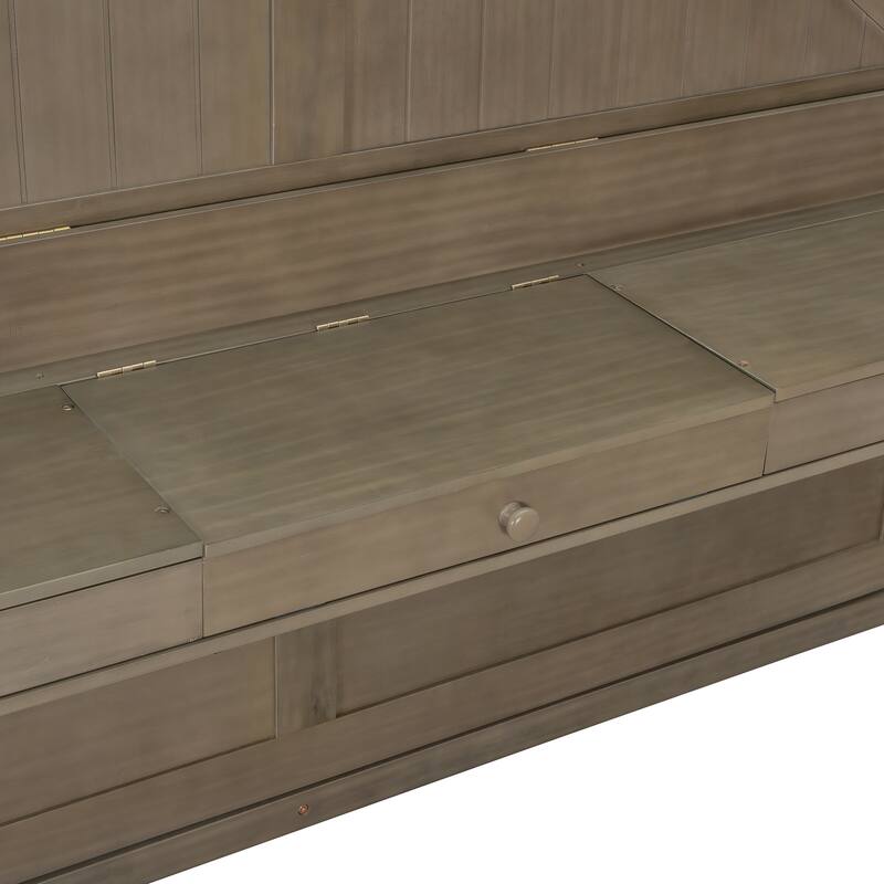 Space-Saving Queen Murphy Bed with Vanity Desk, Mirror & Storage Drawers in Distressed Gray