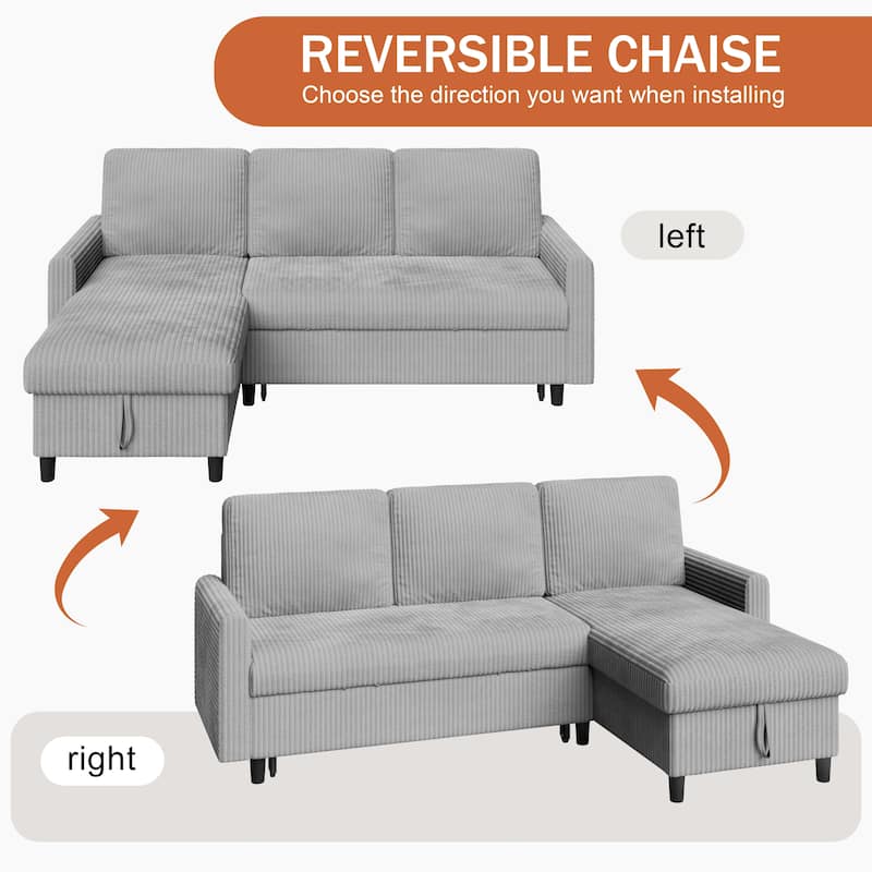 Futzca 3-in-1 Convertible Corduroy Sofa Bed with Storage, L-Shaped Sectional Couch