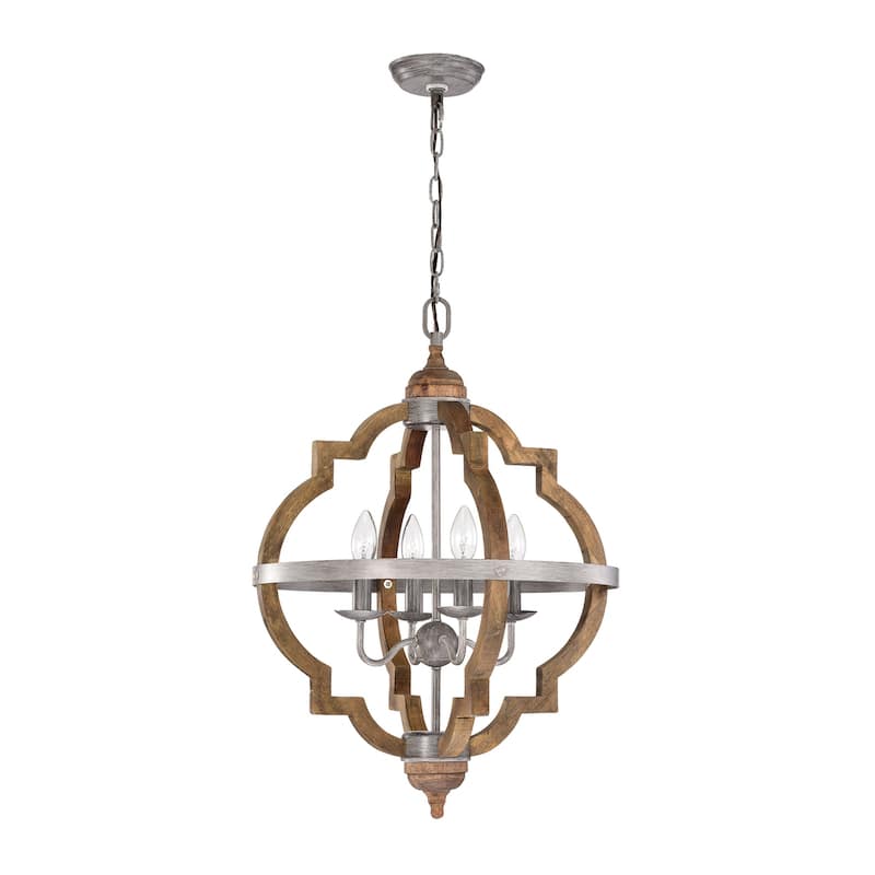 4-Light Wood Cage with Antique Sliver Belt Chandelier Ceiling Fixture - Wood and Antique Sliver