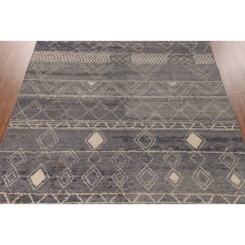 Grey Trellis Moroccan Style Large Rug Hand-Knotted Wool Carpet - 9'11" x 14'7"