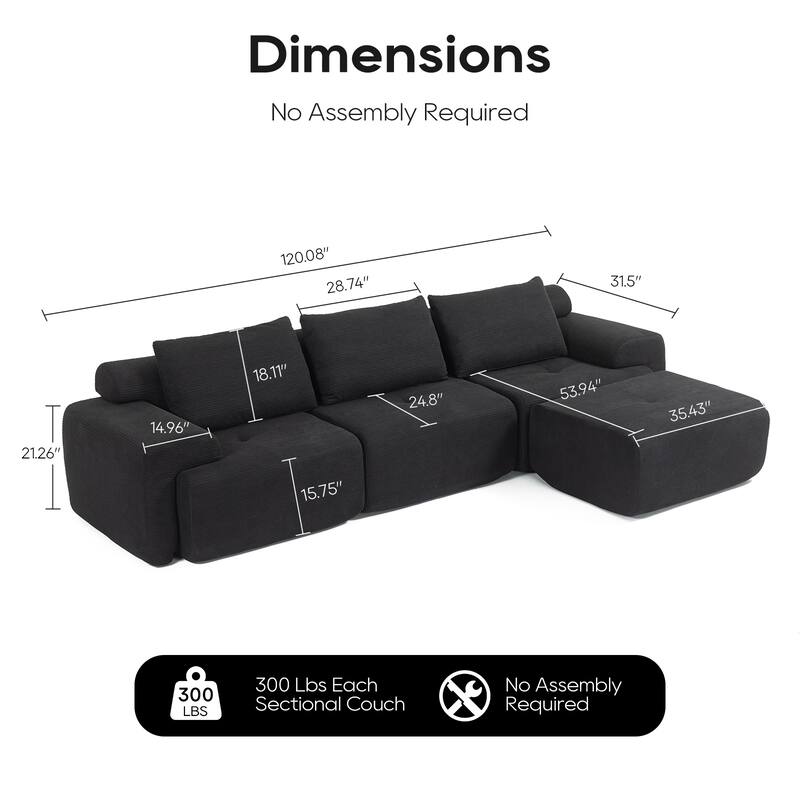L-Shaped Sectional Convertible Sofa Bed, Corduroy Fabric, Steel Frame, Black