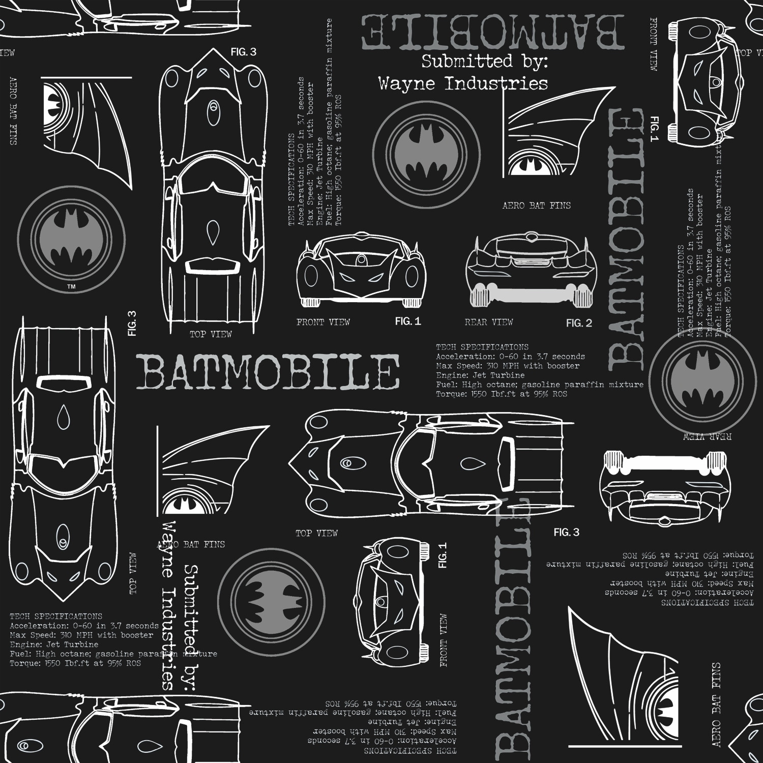 Black & Grey Batmobile Blueprint Peel and Stick Wallpaper by RoomMates