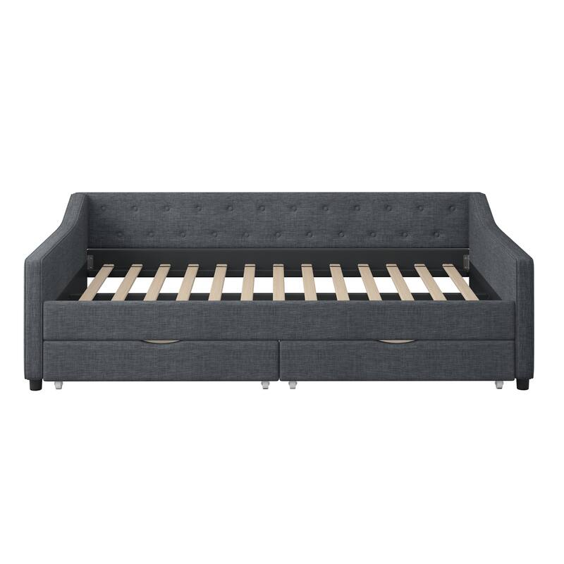 Full Size Upholstered Tufted Daybed with 2 Drawers and Button on Back