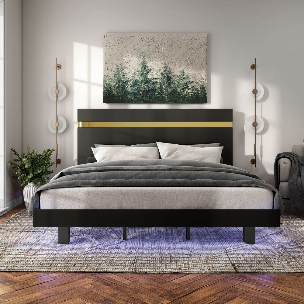 Furniture of America Halifax Modern Wood Platform Bed with Underbed LED