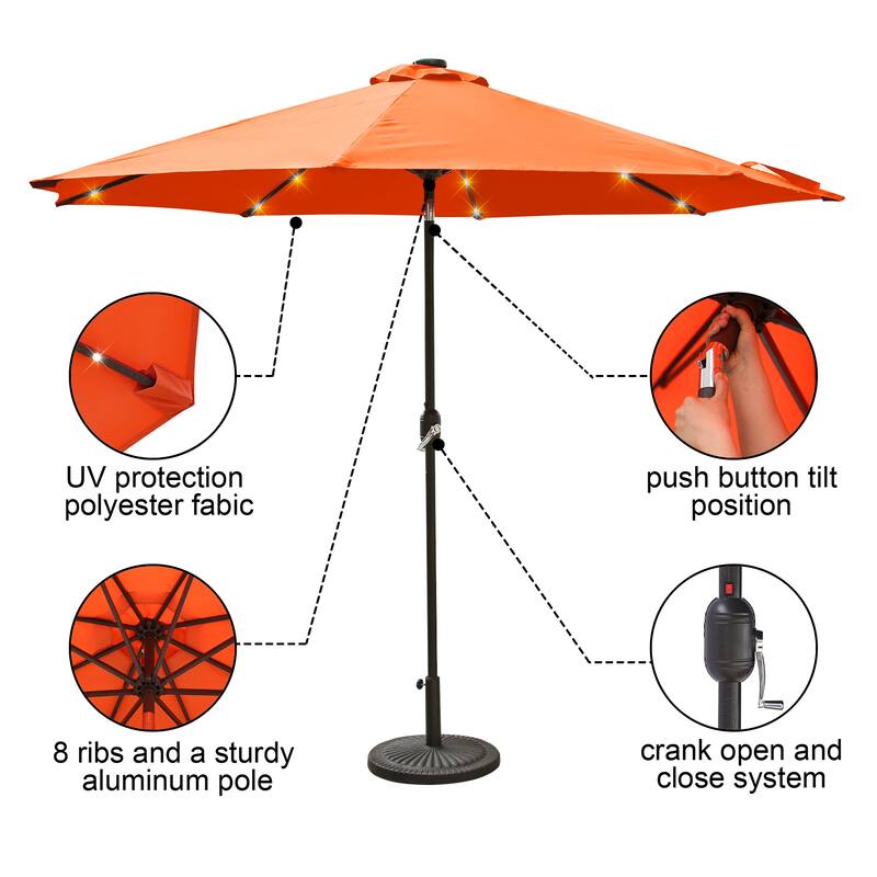 9Ft Patio Market Umbrella with 32 LED Round Solar