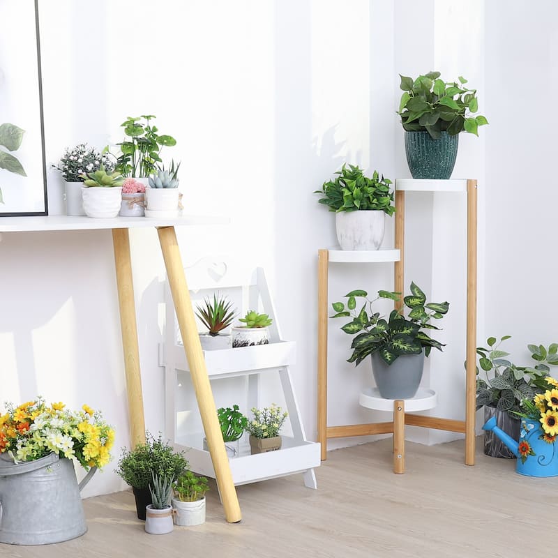 3-Tier Bamboo Plant Stand Flower Succulents Potted with Round White Shelvings