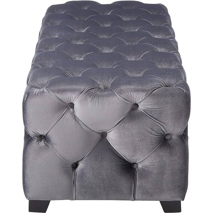 Button-Tufted Ottoman Bench Velvet Bench Upholstered Footrest with Wood Legs and Padded Seat for Living Room, End of Bed - Grey