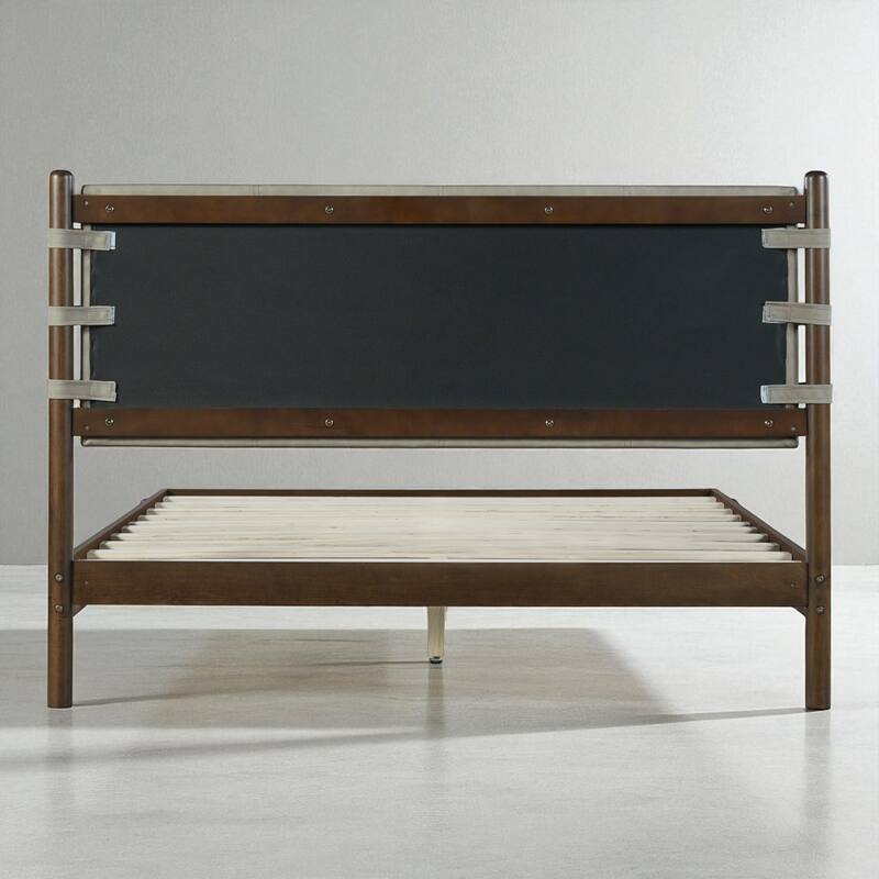 Mid Century Modern Queen/King Rubber Wood Platform Bed Frame with Headboard, Solid Wood Bed No Box Spring Needed