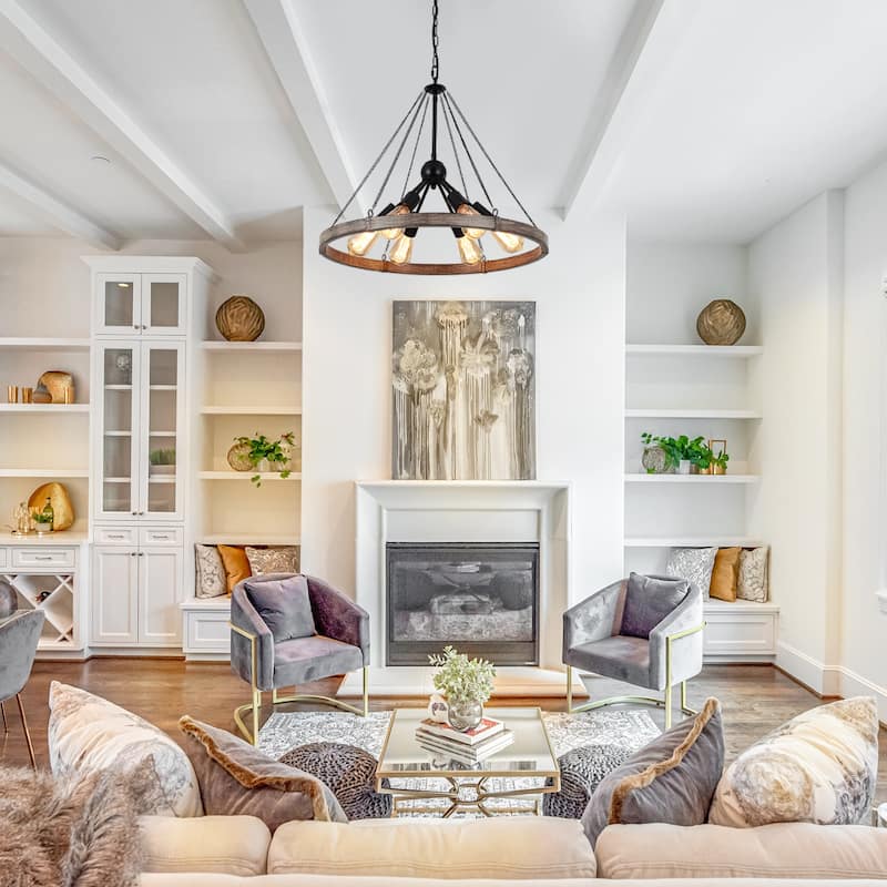 6-Light Modern Wagon Wheel Chandelier with Adjustable Chain for Study Foyer Kitchen Island