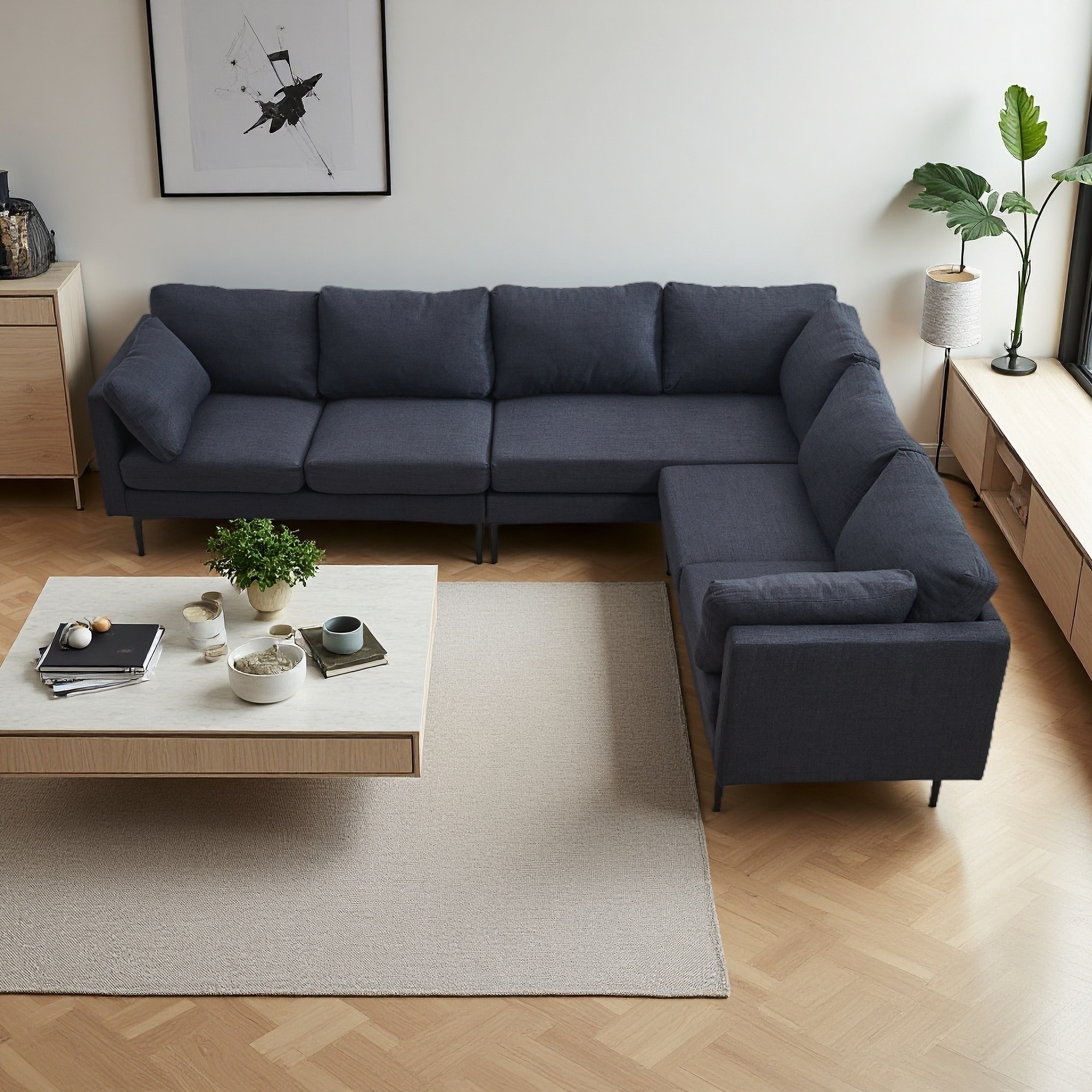 106.69" Linen L-Shaped 6-Seat Sectional Sofa with Metal Legs & 2 Pillows