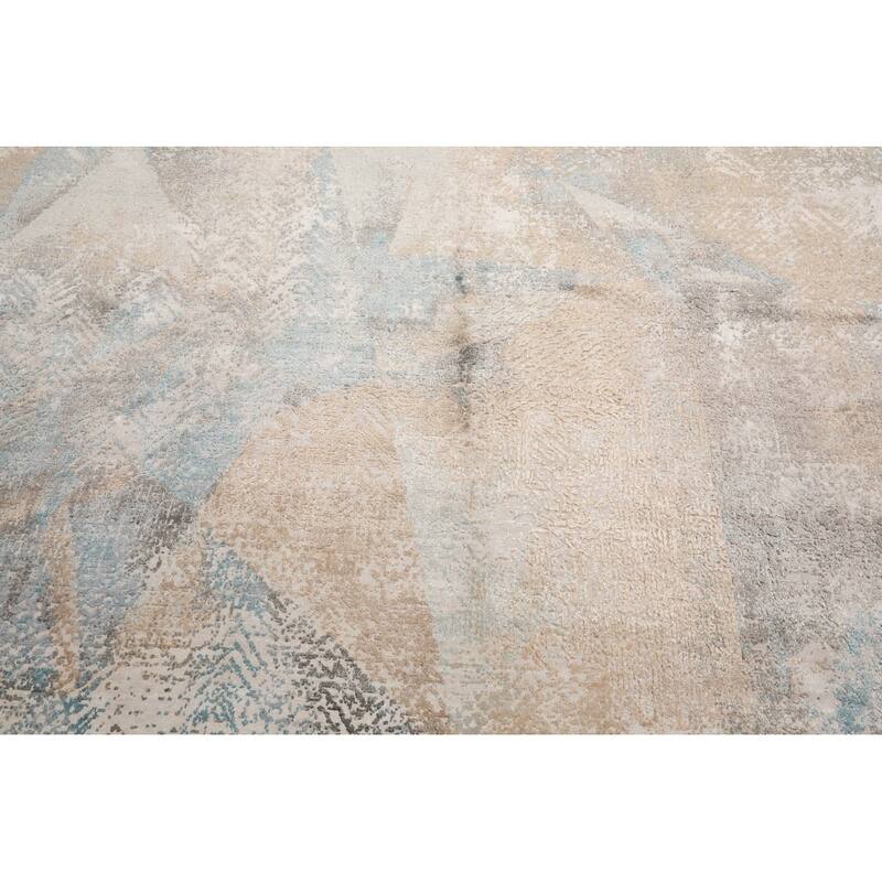 Hand Knotted Beige Tibetan Sherpa Wool &Silk Modern Oriental Area Rug