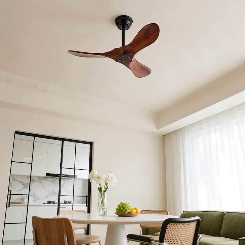 Sofucor 36 Inch Small Solid Wood Ceiling Fan without Light,With Wall Switch and Remote,3 Blades Walnut for Living Room Bedroom