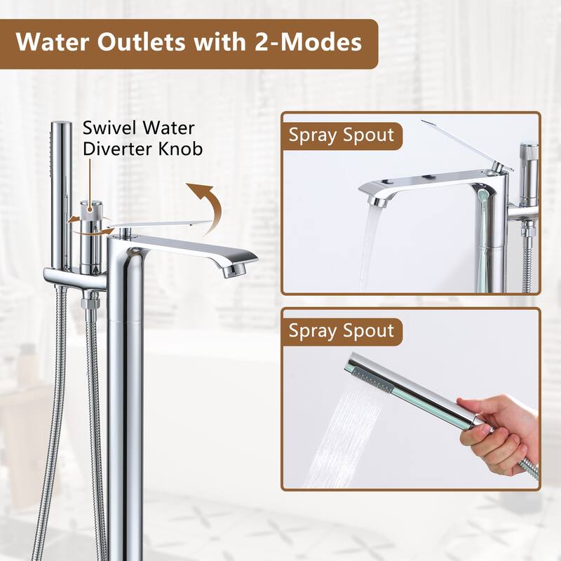 Bathtub Faucet, Floor Mount Free Standing Bathtub Faucet Tub Filler w/ Handheld Shower