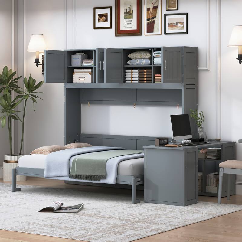 Queen Size Wall Murphy Bed Chest with Top Cabinet and Desk, Wooden Hidden Wall Bed Frame, Foldable Platform Cabinet Bed - Gray - Queen