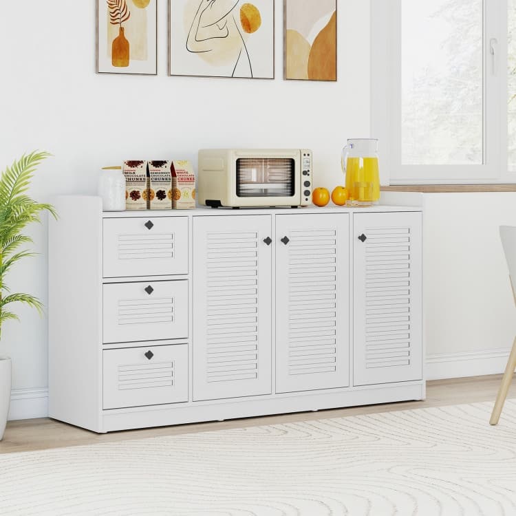 White Engineered Wood MDF Buffet Cabinet with Drawers, Shutter Doors and Storage - 63" x 16.5" x 36"
