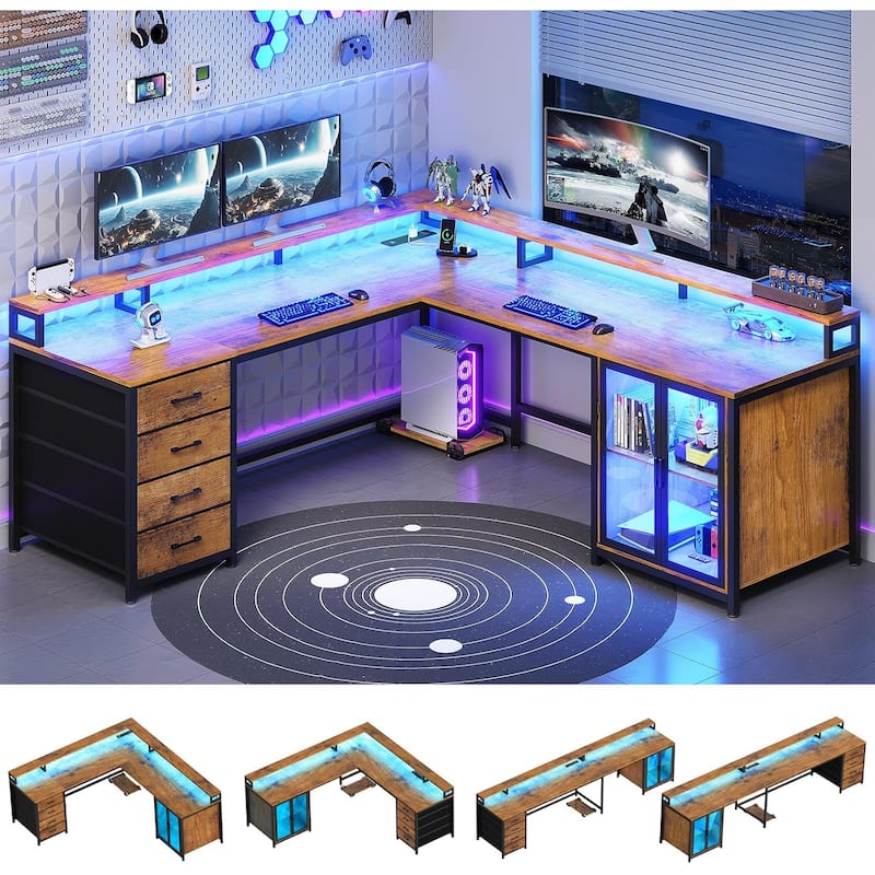 L Shaped Gaming Desk Drawers Computer Desk with Display Cabinet - Brown - 4 Drawers
