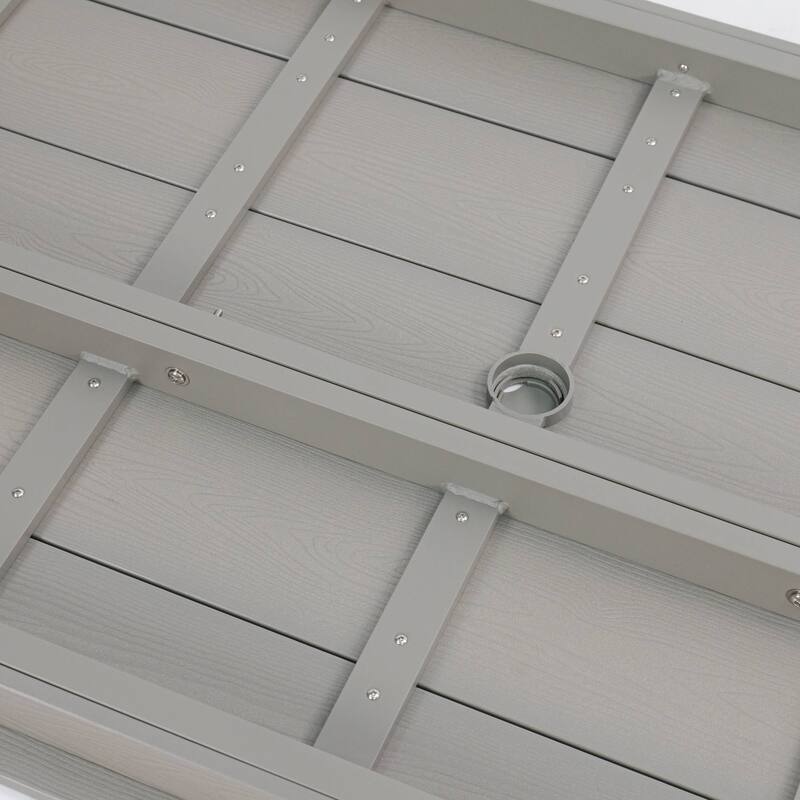 Wood Look Dining Table with Umbrella Hole Stainless Steel Legs Outdoor Picnic