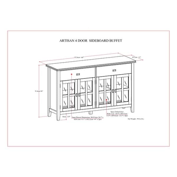 dimension image slide 0 of 3, WYNDENHALL Stratford 60" Wide Solid Wood Transitional Large 4 Door Sideboard Buffet -  17"d x 60"w x 34"h